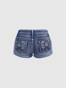 ROMWE Grunge Punk Y2K辣妹復古十字翼刺繡水鑽大尺碼牛仔短褲 - 藍色 - 查看 2