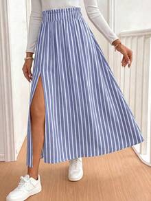 SHEIN Frenchy 女款休閒條紋腰帶側開衩下擺裙 - 藍色 - 查看 5