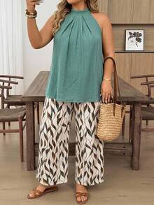 SHEIN CURVE+ Plus Size Women's Solid Color Halter Top And All-Over Print Pants Casual Traditional Baggy 2 Pieces Set Bussines Vacation Teal Beige Summer Formal - Multicolor - View 2