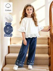 SHEIN 女童2件套甜美荷葉邊露肩上衣與珠飾牛仔長褲，適合夏季日常穿著 - 白色 - 查看 7