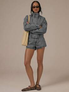 MUSERA Denim High Neck Balloon Sleeve Zip Through Jacket Spring Summer Cute Cosy Cottage Core Spring Dew - Grey - View 5