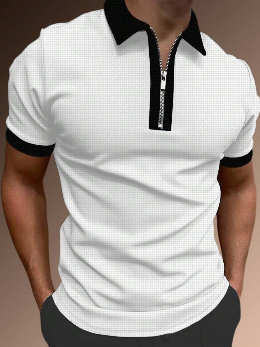 Manfinity Homme Camisa polo de manga corta con media cremallera y textura versátil para hombre - Blanco - Ver 1