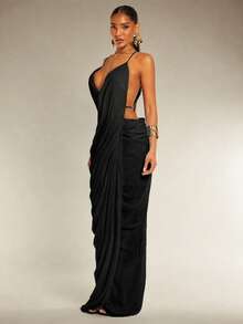 Silquee Women's Solid Color Sexy Spaghetti Strap Dress With Metal Back Decoration - Black - View 5