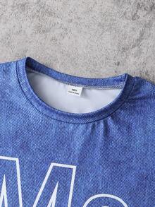Conjunto de 2 piezas para niños grandes, camiseta azul y pantalones cortos, estampado de letras grandes y patrón de denim falso, camiseta de manga corta con cuello redondo y pantalones cortos, adecuado para uso casual diario en primavera/verano, tela cómoda, ajuste de moda, nuevo estilo de primavera/verano, adecuado para múltiples estaciones y ocasiones - Azul - Ver 5