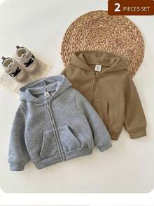 2件裝 嬰兒男童女童 秋冬可愛百搭簡約素色連帽外套外套 灰色連帽衫黑色連帽衫 2件套 適合秋冬 - 彩色 - 查看 8