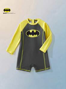 Maija Kids BATMAN X SHEIN 兒童小男孩春夏修身長袖拼色連身泳衣短褲，聯名款白色 - 彩色 - 查看 5