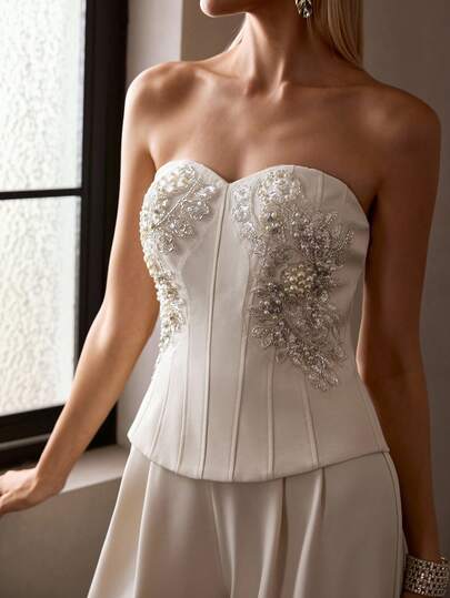 MOTF Soiréza SPRING/SUMMER WOMEN'S RHINESTONE EMBELLISHED BANDEAU LONG JUMPSUIT