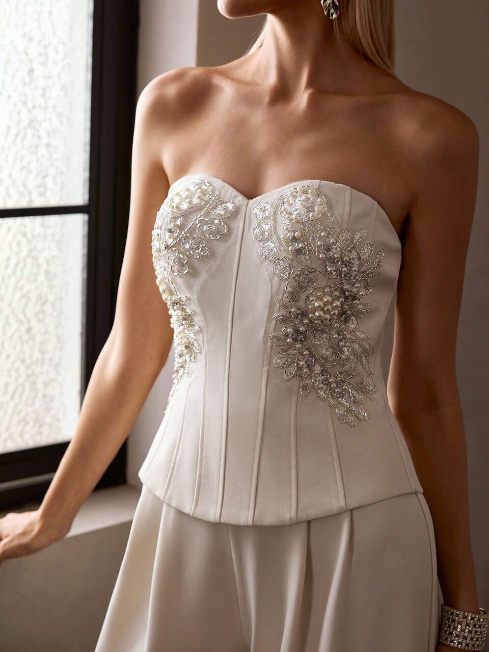 MOTF Soiréza SPRING/SUMMER WOMEN'S RHINESTONE EMBELLISHED BANDEAU LONG JUMPSUIT