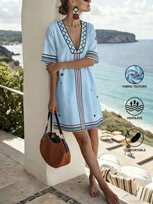 SHEIN Holidaya 女款深V領拼色休閒派對與外出洋裝 - 藍色 - 查看 5