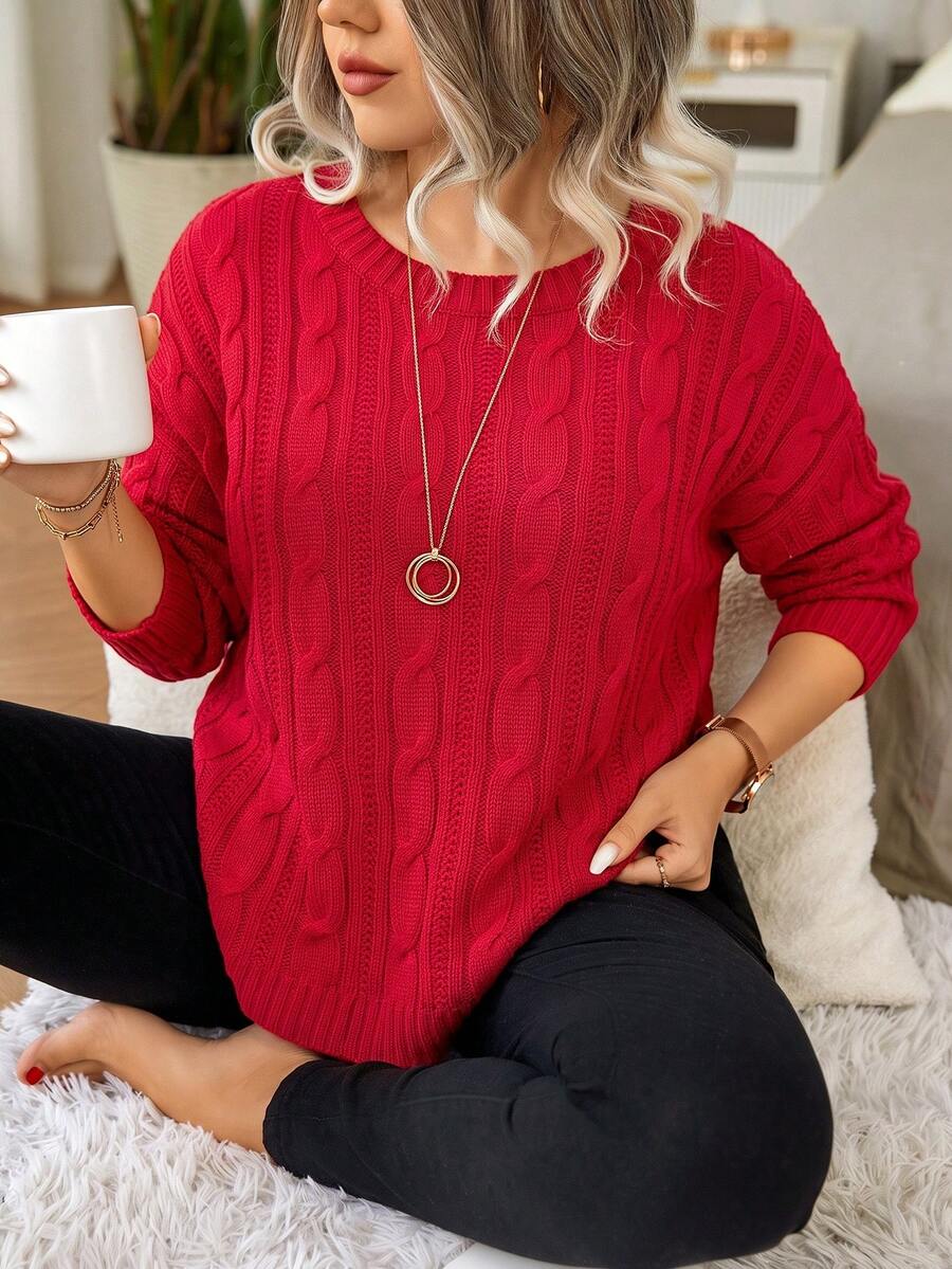 SHEIN LUNE CURVE Plus Size Solid Color Cable Knit Round Neck Long Sleeve Loose Casual Asymmetrical Pullover Sweater, Autumn/Winter - Red - View 1