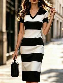 GlowEve New Women's Summer Elegant Colorblock Striped Slim Fit V-Neck Midi Dress - Black and White - View 5