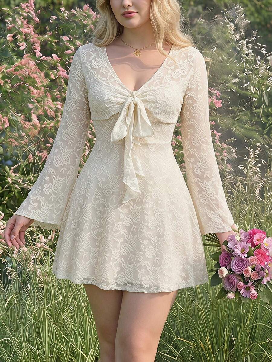 SHEIN MOD 大码女式纯色蕾丝拼接系带长袖迷你连衣裙，沙滩裙，优雅女装，派对连衣裙，夏季女装，休闲女装，春夏装，情人节连衣裙，度假连衣裙，花园派对正式连衣裙，下午茶派对女装，奶油色连衣裙，提花面料