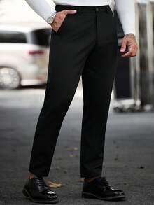 Manfinity CasualCool 1件成熟休閒男士長褲，黑色斜紋，通勤百搭，時尚舒適，男友禮物、丈夫禮物、週年紀念禮物 - 黑色 - 查看 5