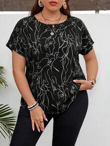 SHEIN LUNE Artistic Line Drawing Round Neck Pullover Plus Size Women's Short Sleeve Shirt - Black and White - View 5