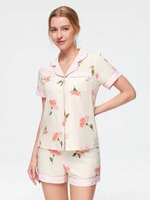 Bonmuse Conjunto de pijama con estampado floral de verano, top de manga corta con solapa y botones elegante y suave, y shorts, conjunto de ropa de dormir y de estar por casa de 2 piezas para mujer - Multicolor - Ver 4