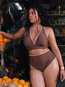 Swim Chiccia 大尺碼女款兩件式純色休閒泳衣套裝 - 咖啡棕 - 查看 3