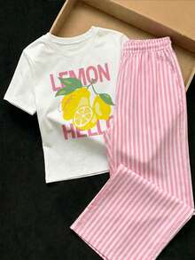 青少年女孩休閒度假夏季字母印花短袖T恤與條紋長褲2件套 - 白色 - 查看 3
