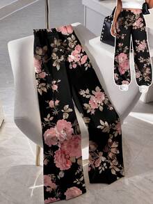 Elenzga Plus Size Women's Floral Print Straight Leg Pants, Minimalist Fall - Black - View 8