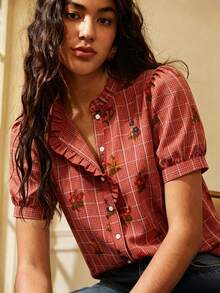Écloséra Summer Dressing, Festival Dressing, Check Print Shirt, Holiday Dressing, Casual Shirt, Commuting Dressing, Ruffled Shirt, Outing Dressing, Red Shirt - Redwood - View 1