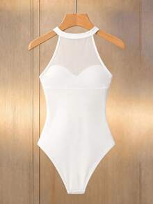 SHEIN Damen Frühling/Sommer eleganter sexy ärmelloser Neckholder Mesh-Bodysuit mit Taillenbetonung, transparent gestrickt, für Urlaub, Pendeln, Nachtausgang, Date Night, Weiß - Weiss - Übersicht 2