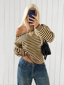 SHEIN EZwear 女款休閒條紋長袖針織衫，秋冬款 - 彩色 - 查看 3