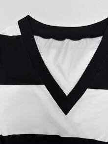 GlowEve New Women's Summer Elegant Colorblock Striped Slim Fit V-Neck Midi Dress - Black and White - View 4