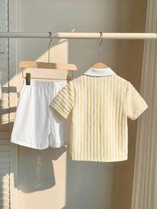 Kids Young Boy Young Boy 2pcs/Set Spring/Summer Casual Versatile Vacation Style Striped Short Sleeve Shirt & Knit Shorts Set Young Boy Outfit Set Cozy - Multicolor - View 2