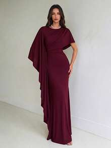 Aloruh Fall Winter,Elegant Luxurious Navy Blue Satin Ruffle Sleeve Sexy Slit Fishtail Bridesmaid Dress Wedding,Party, Wedding ,Fashionable - Burgundy - View 5