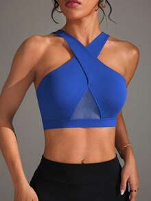 Slayform Sujetador deportivo con patchwork de malla y tirantes cruzados - azul real - Ver 5