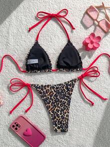 Swim Vcay Conjunto de traje de baño de dos piezas con estampado de leopardo - Multicolor - Ver 3