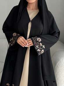 Al Najma Plus Size Women's Floral Embroidered Cuff Loose Fit Abaya Wedding Summer Modest Asian Chinese - Black - View 8