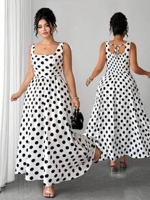 Rometta Vestido vintage de mujer talla grande de verano, nuevo, de gasa, con lunares blanco y negro, cuello cuadrado y cintura con cordón, que estiliza la figura. Adecuado para el uso diario, citas, compras, vacaciones/viajes, playa - Blanco y Negro - Ver 6