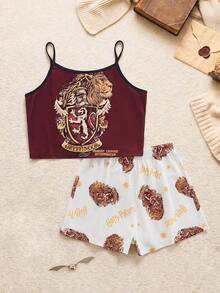 HARRY POTTER X SHEIN 2pcs Fun Casual Style Tween Girl Camisole Top And Shorts Comfortable 2 Pieces Loungewear Set - Multicolor - View 1