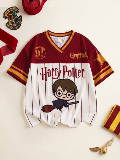 HARRY POTTER X SHEIN 青少年女孩字母卡通圖案印花條紋拼接配色T恤