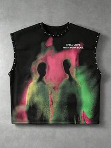 ROMWE MEN Street Life Camiseta sin mangas holgada para hombre con estampado de retrato difuminado y decoración de remaches - Negro - Ver 8