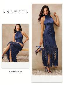 Anewsta 亮面布料拼接雷射鏤空多層環飾優雅性感百搭休閒女款背心洋裝，適合節日派對 - 藏蓝色 - 查看 8