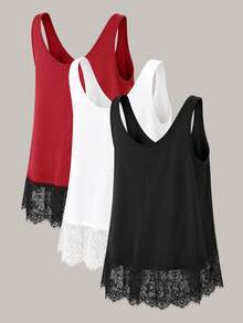 EMERY ROSE Women's Plus Size Knit Elastic Fabric Contrast Lace Casual Vacation Camisole - Black - View 2