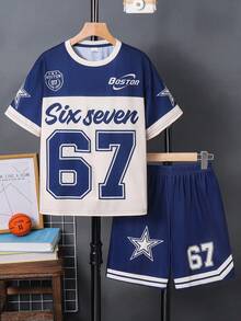 SHEIN 兒童青少年男孩新款運動休閒極簡Y2K數位67經典時尚酷感寬鬆舒適圓領短袖T恤，適合春夏 - 藍色 - 查看 3