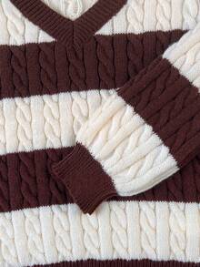 SHEIN Tween Girls Striped Colorblock Cable Knit V-Neck Lantern Sleeve Oversized Pullover Sweater, Suitable For Autumn/Winter, Suitable For Outings - Khaki - View 6