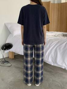 DAZY 青少年女孩格紋長袖T恤與寬鬆直筒長褲休閒睡衣夏季款 - 藏蓝色 - 查看 2