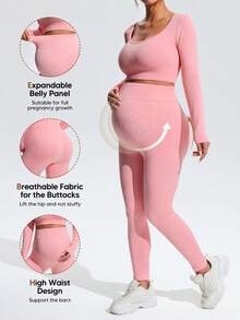 SHEIN Maternity Solid Color Long Sleeve Top And Elastic Long Pants Set Fall - Pink - View 3