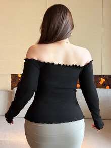 Dazy Plus Kaos Lengan Panjang Ukuran Plus, Potongan Bahu Terbuka, Seksi Murni, Warna Hitam, Serbaguna, Cocok untuk Wanita Modis di Musim Semi, Musim Panas, dan Musim Gugur. - Hitam - View 4