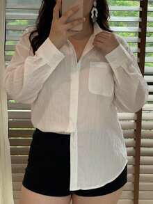 Dazy Plus Plus Size Sexy Hollow Back Bow Decor Loose Long Sleeve White Spring Autumn Blouse Summer - White - View 5