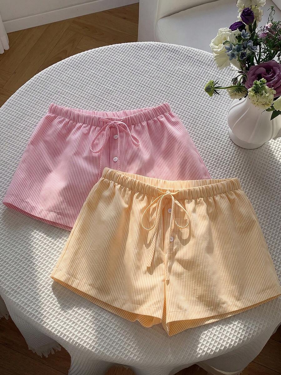 Comfortcana 女款粉色條紋淡黃色腰部綁帶鈕扣設計休閒可愛短褲居家夏裝 - 彩色 - 查看 1