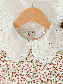 SHEIN Vintaside Kids 女童甜美可愛刺繡大領無袖花卉背心搭配純色長褲套裝，紋理直條紋布料，適合派對、家庭活動、日常度假穿搭、開學季 - 棕色 - 查看 6