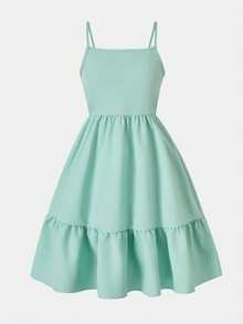 SHEIN Sparklyn Tween Girls 2-Piece Spaghetti Strap Dress Set, Spaghetti Strap + Square Neck / Straight Neckline, Fitted Waist With Loose Ruffled Hem, Layered Design, Simple Versatile Style For Daily Wear, Vibrant Green Color - Multicolor - View 4