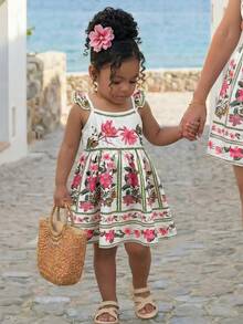 Travachic KIDS Travachic KIDS 1 Stück Baby Mädchen Lässig Süßes Muster Platzierung Retro Muster Blumen Vintage Stil Ärmellos Elastischer Taille Kleid - Weiss - Übersicht 1