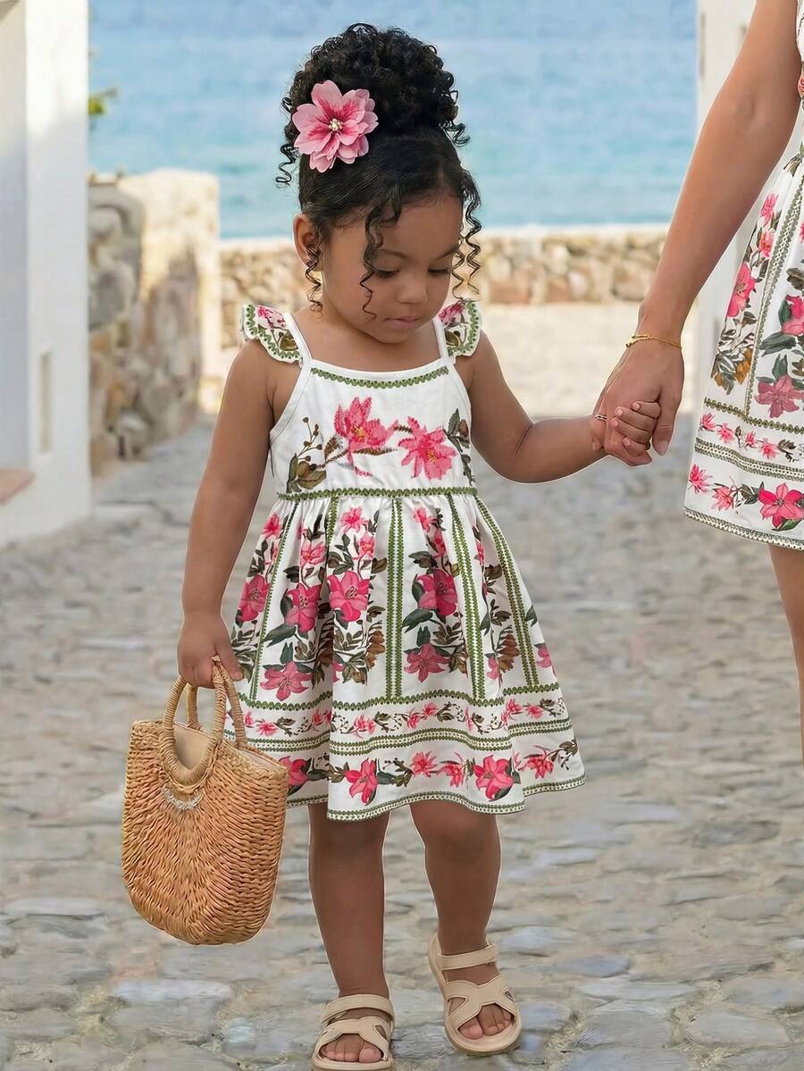 Travachic KIDS Travachic KIDS 1 Stück Baby Mädchen Lässig Süßes Muster Platzierung Retro Muster Blumen Vintage Stil Ärmellos Elastischer Taille Kleid - Weiss - Übersicht 1