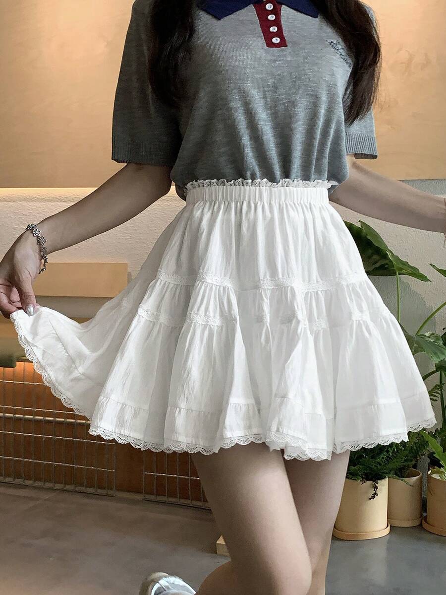 DAZY Women's Solid Color Contrast Lace Ruffle Hem Skirt - White - View 1