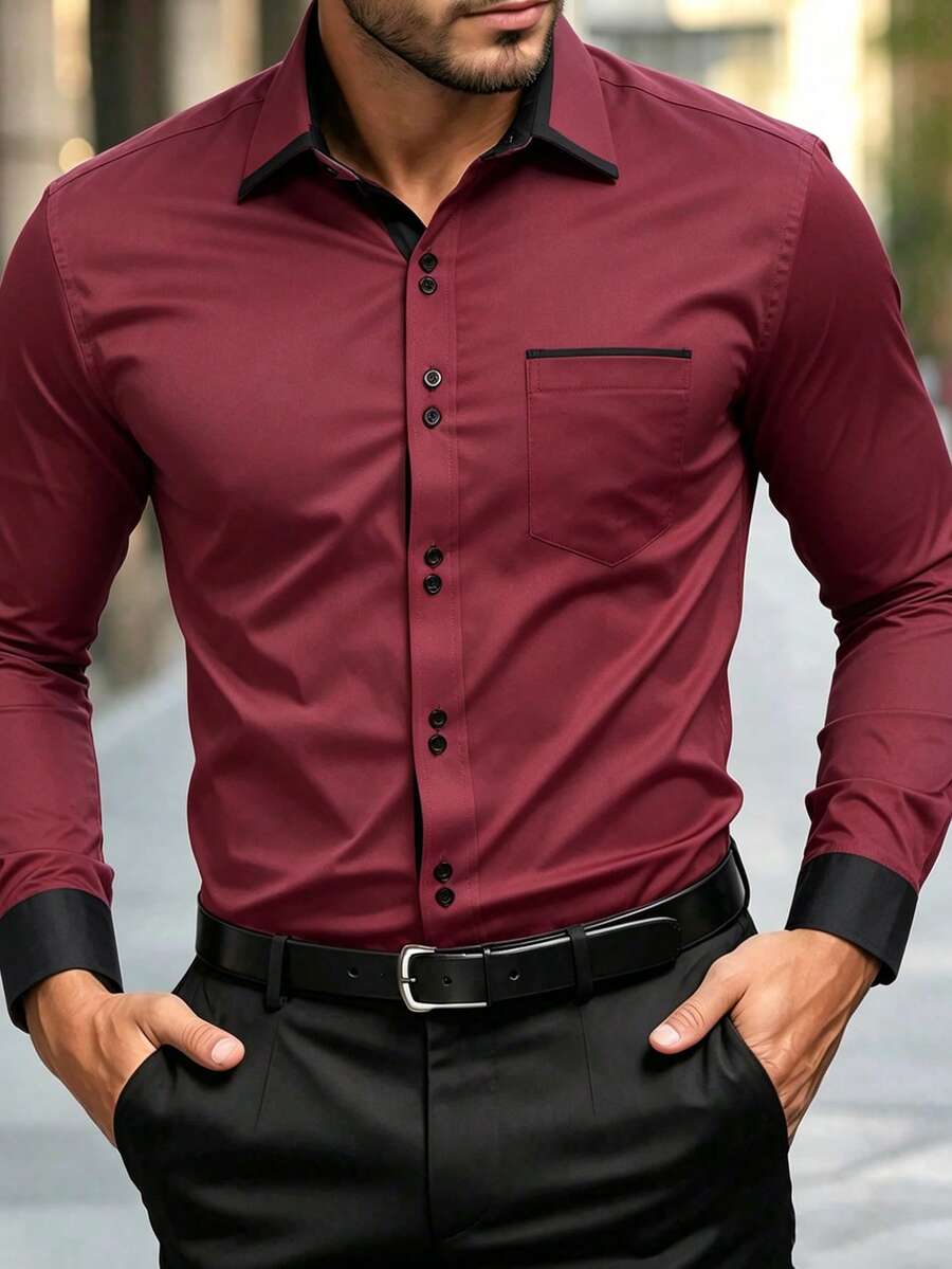 Manfinity Mode Camisa formal de manga larga con botones delanteros y bolsillo de color contrastante, para hombre, de uso casual diario, para otoño - Burdeos - Ver 1
